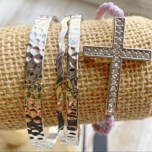 Alquimia Jewelry - PURPLE SEED BEADS SILVER PAVE CROSS BRACELET SET